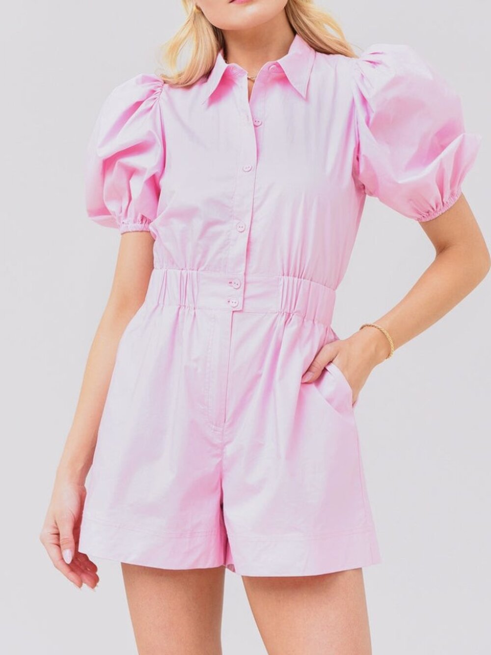 Hunter Bell Pia Romper Pink Collared Puff-Sleeve Size 8 100% Cotton